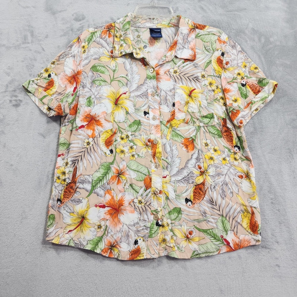 Vintage Basic Editions Shirt Womens L Multicolor Rayon Hawaiian Parrot Floral